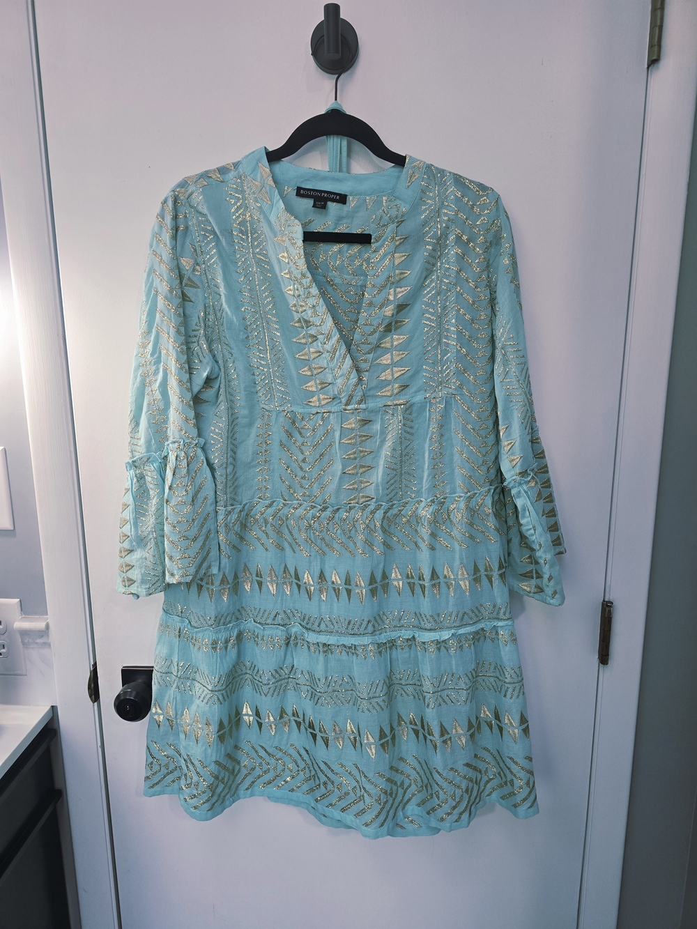 Boston Proper Turquoise Long Sleeve V Neck Minidress W Gold Embroidery-Med - Picture 4 of 16